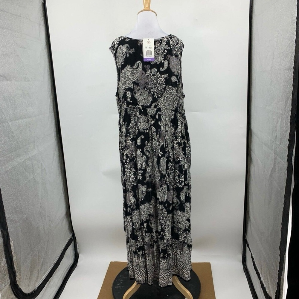 Bila Maxi Dress Women 2XL XXL Black Paisley Crochet Neckline Trim Waist Tie Boho